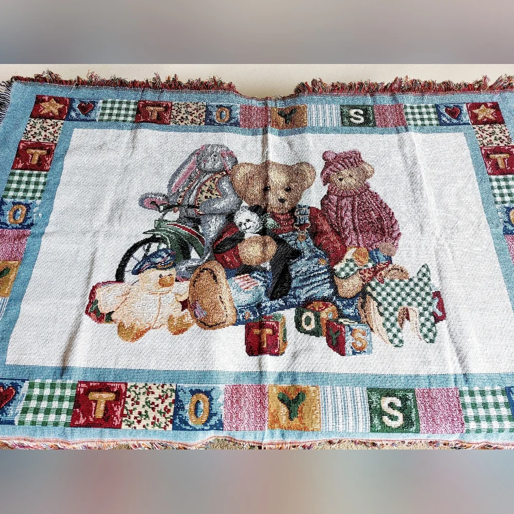 Blue Jean Teddy Bear Tapestry Throw Blanket Vintags 80s/90s Nursery Decor